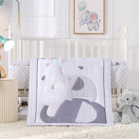 Crib Bedding Set for Boys, Premium 3 Piece Elephant Baby Crib Bedding Set, Baby Nursery Crib Comforter Set for Boys with Crib Comforter, Skirt and Sheet, Gray in Kuwait