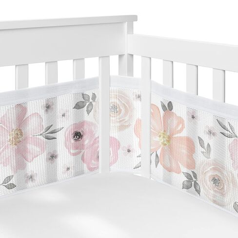 Sweet Jojo Designs + BreathableBaby 2-Piece Breathable Mesh Crib Liner Set (Pink and Grey Boho Floral) for Girls, Baby, Infants/Newborn Nursery (Watercolor, Farmhouse, Flower, Elegant Rose, Nature) in Kuwait