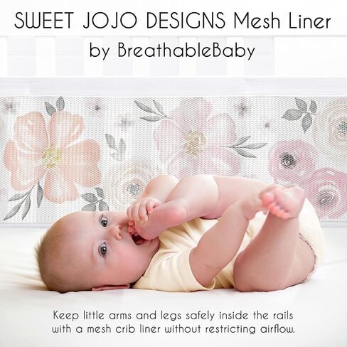 Sweet Jojo Designs + BreathableBaby 2-Piece Breathable Mesh Crib Liner Set (Pink and Grey Boho Floral) for Girls, Baby, Infants/Newborn Nursery (Watercolor, Farmhouse, Flower, Elegant Rose, Nature) in Kuwait