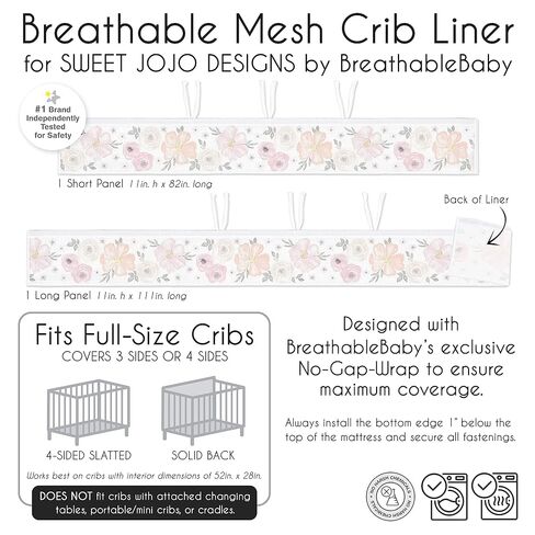 Sweet Jojo Designs + BreathableBaby 2-Piece Breathable Mesh Crib Liner Set (Pink and Grey Boho Floral) for Girls, Baby, Infants/Newborn Nursery (Watercolor, Farmhouse, Flower, Elegant Rose, Nature) in Kuwait