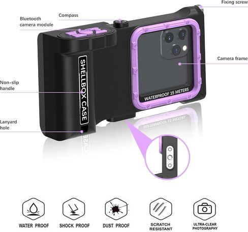 Bluetooth Connection 3rd Gen Diving Waterproof Case, Professional 15m/50ft Underwater Photo & Video Case for Snorkeling, Scuba Dive Phone Case Fits for iPhone/Samsung/Universal Black-Purple in Kuwait