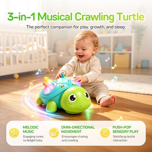 6-18 Months Baby Crawling Tummy Time Sensory Montessori Developmental Toy | Turtle Toy with Music & Lights, Toddler Walking Learning Motor Skill Development for 1 2 3 Year Old Boy Girl Birthday Gift in Kuwait