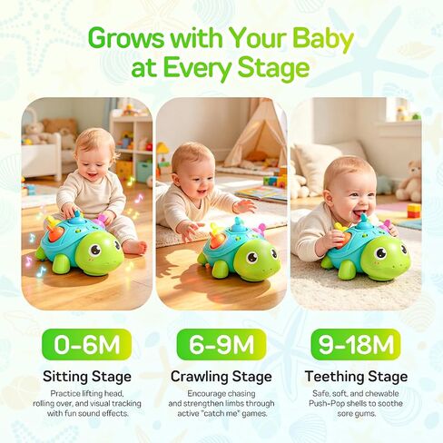 6-18 Months Baby Crawling Tummy Time Sensory Montessori Developmental Toy | Turtle Toy with Music & Lights, Toddler Walking Learning Motor Skill Development for 1 2 3 Year Old Boy Girl Birthday Gift in Kuwait