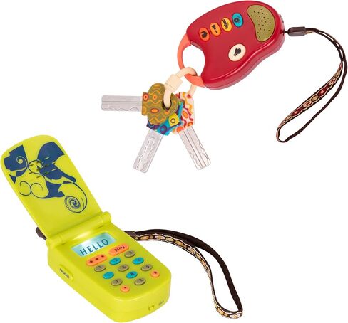 B. toys Toy Keys & Cell Phone Set, FunKeys and Hellophone, 2-Pack | 2-piece pretend play sensory set with flashlight, car sounds, songs, record-playback phone, red keys and green, 10+ Months in Kuwait