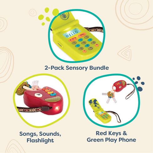 B. toys Toy Keys & Cell Phone Set, FunKeys and Hellophone, 2-Pack | 2-piece pretend play sensory set with flashlight, car sounds, songs, record-playback phone, red keys and green, 10+ Months in Kuwait