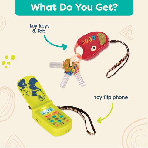 B. toys Toy Keys & Cell Phone Set, FunKeys and Hellophone, 2-Pack | 2-piece pretend play sensory set with flashlight, car sounds, songs, record-playback phone, red keys and green, 10+ Months in Kuwait