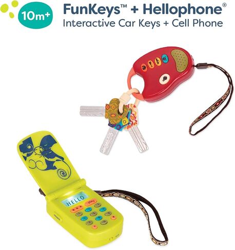 B. toys Toy Keys & Cell Phone Set, FunKeys and Hellophone, 2-Pack | 2-piece pretend play sensory set with flashlight, car sounds, songs, record-playback phone, red keys and green, 10+ Months in Kuwait