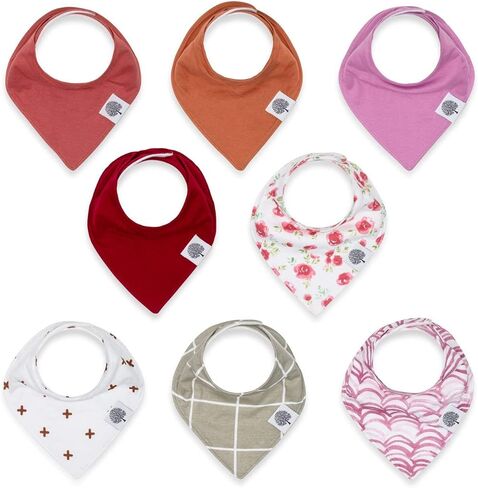 Parker Baby Co. Bandana Drool Bibs for Baby Boys & Girls, 8-pack - Rose | Soft & stylish teething bib set that adds absorbent coverage for drool and feeding, adjustable snaps, great baby shower gifts in Kuwait