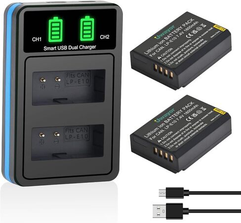 LP-E10 LP E10 Battery 2 Pack and Dual Charger for Canon EOS Rebel T3 T5 T6 T7 T100 Kiss X50 X70 X80 X90 EOS 1100D 1200D 1300D 1500D 2000D 3000D 4000D Camera in Kuwait