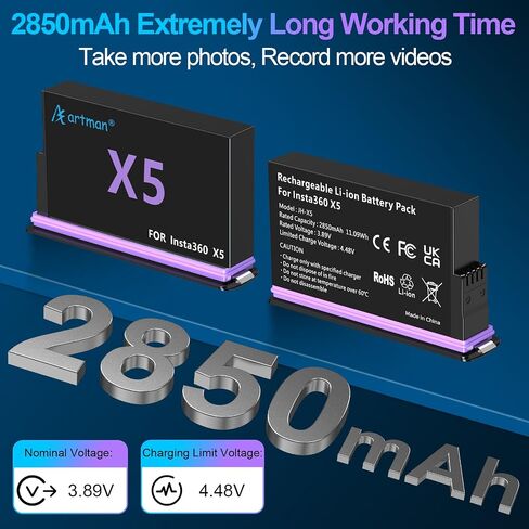 Artman 360 X5 Battery (2 Pack) 2850mAh and 2-Slot USB-C Fast Charger in Kuwait