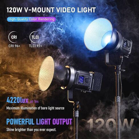 ULANZI V-Mount LED Video Light COB Continuous Output Lighting, 120W Bi Color 2700K-6500K COB Bowens Mount Photography Fill Light 20700lux/1m 20 Preset Effects with APP Control Studio Light in Kuwait