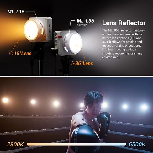 Godox ML100Bi 100W Portable LED Video Light,CRI 97+/TLCI 98+,0%-100% Brightness& Bi-Color COB Continuous Output Lighting 2800-6500K,11 FX Lighting Effects,App Control Mini Photography Light in Kuwait