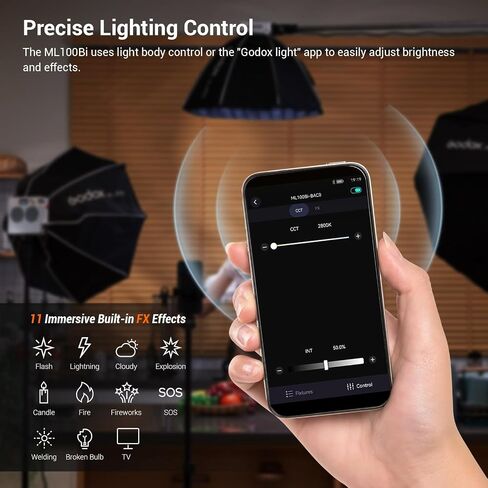 Godox ML100Bi 100W Portable LED Video Light,CRI 97+/TLCI 98+,0%-100% Brightness& Bi-Color COB Continuous Output Lighting 2800-6500K,11 FX Lighting Effects,App Control Mini Photography Light in Kuwait