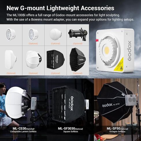 Godox ML100Bi 100W Portable LED Video Light,CRI 97+/TLCI 98+,0%-100% Brightness& Bi-Color COB Continuous Output Lighting 2800-6500K,11 FX Lighting Effects,App Control Mini Photography Light in Kuwait