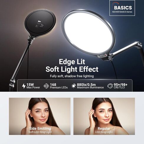 NEEWER Basics 10.5" Streaming Key Lighting, 3000-6500K 15W Full Screen LED Panel Ring Light with Adjustable Arm Stand Desk Clamp Timer for Laptop Computer Video Conference Zoom Makeup, R10 in Kuwait