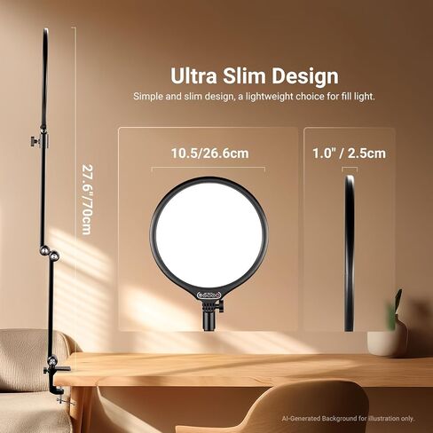 NEEWER Basics 10.5" Streaming Key Lighting, 3000-6500K 15W Full Screen LED Panel Ring Light with Adjustable Arm Stand Desk Clamp Timer for Laptop Computer Video Conference Zoom Makeup, R10 in Kuwait