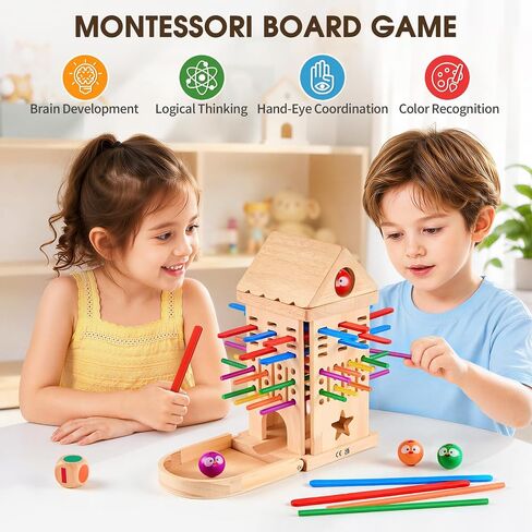Wooden Stick Pulling Balance Game for Kids Ages 3-8 | Family Wooden Chicken Game, Cause & Effect STEM Toy, Fine Motor Skills, Screen-Free Montessori Gift, Ball Drop Board Game in Kuwait