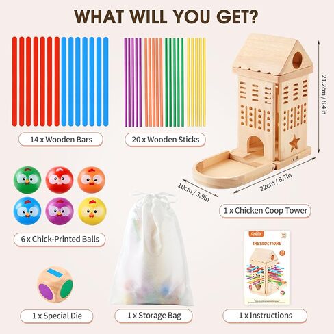 Wooden Stick Pulling Balance Game for Kids Ages 3-8 | Family Wooden Chicken Game, Cause & Effect STEM Toy, Fine Motor Skills, Screen-Free Montessori Gift, Ball Drop Board Game in Kuwait