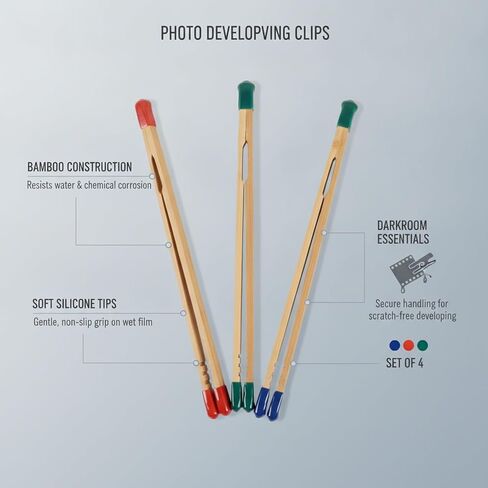 4-Pack Bamboo Film Developing Clips with Silicone Tips, 13 x 3.3 Inch Darkroom Grips for Wet Negatives and Photo Processing in Kuwait