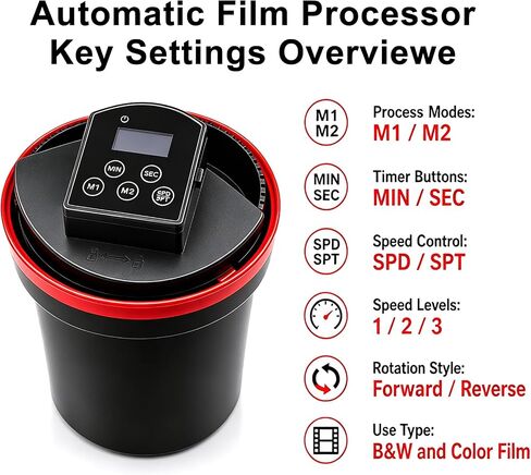 Developing Tank, Automatic Film Processor, 120 135 B&w Film Darkroom Kit with Smart Timer, Dual Modes and Adjustable Speed, Fits 35mm, 120/220 Film, Standard Developing Tanks in Kuwait