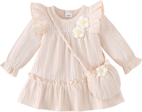 Infant Baby Girl Clothes Toddler Sweater Dresses Fall Winter Outfit | Baby Girl Dress with Bag,Puff Long Sleeve 3D Daisy Flower Ribbed Fly Ruffle Toddler Outfits,Cute Birthday Girls Clothing Sets in Kuwait