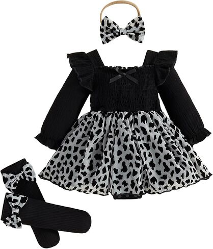 Giraropa Newborn Baby Girl Fall Outfits Ruffle Long Sleeve Romper Dress Princess Tutu Fairy Dress Clothes + Socks + Headband in Kuwait