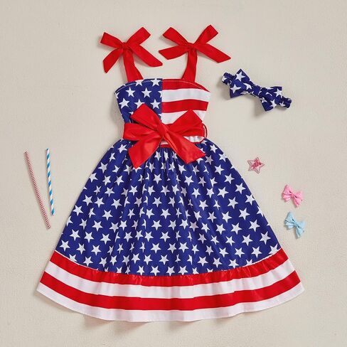 Toddler Girls 4th of July Outfits American Flag Girls Dresses 1-6 Years Summer Patriotic Independence Day Clothes in Kuwait