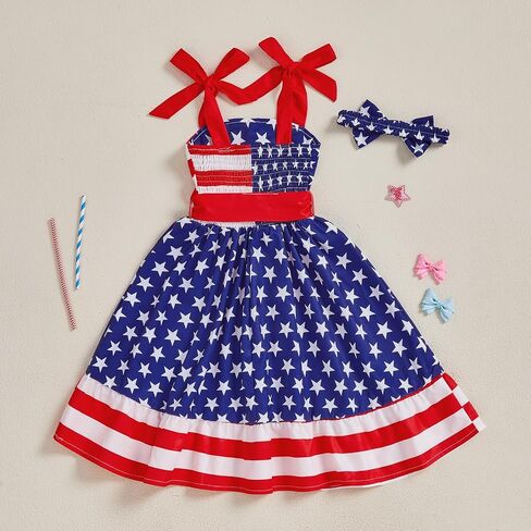 Toddler Girls 4th of July Outfits American Flag Girls Dresses 1-6 Years Summer Patriotic Independence Day Clothes in Kuwait
