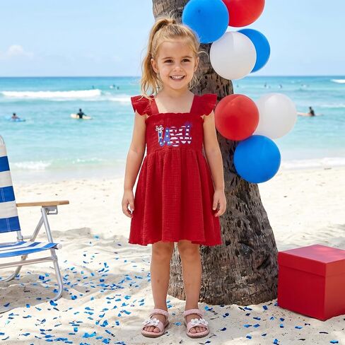 Toddler Little Girl 4th of July Dress USA Ruffle Straps Smocked Fouth of July Dresses Vintage Kids Patriotic Clothes in Kuwait