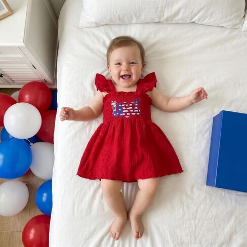 Toddler Little Girl 4th of July Dress USA Ruffle Straps Smocked Fouth of July Dresses Vintage Kids Patriotic Clothes in Kuwait