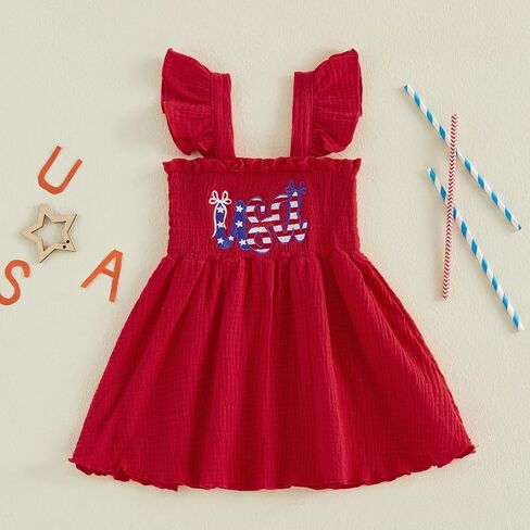 Toddler Little Girl 4th of July Dress USA Ruffle Straps Smocked Fouth of July Dresses Vintage Kids Patriotic Clothes in Kuwait