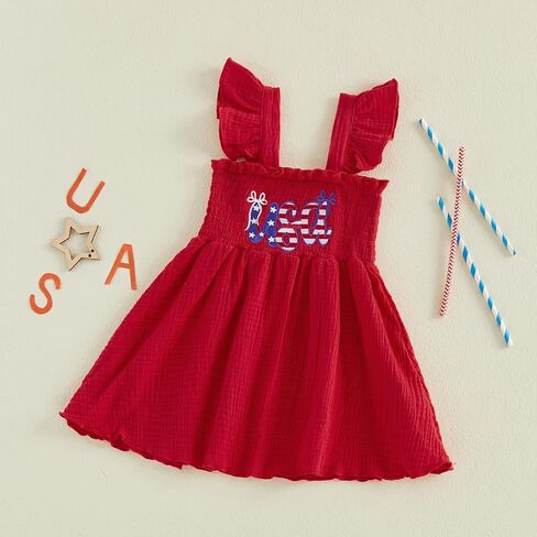 Toddler Little Girl 4th of July Dress USA Ruffle Straps Smocked Fouth of July Dresses Vintage Kids Patriotic Clothes in Kuwait