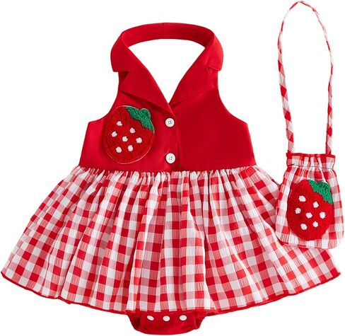 Toddler Infant Baby Girl Summer Clothes Set Starwberry Plaid Sleeveless Halter Romper Dress Shoulder Bag Outfits in Kuwait