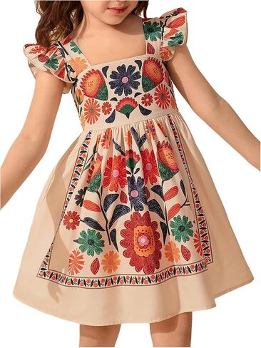 WDIRARA Toddler Girl's Floral Ruffle Cap Sleeve Dress Vacation Sundress Square Neck Swing A Line Dresses in Kuwait