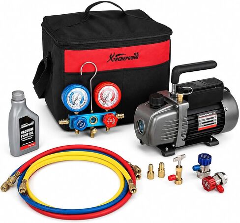 XtremepowerUS HVAC Vacuum Pump Manifold Gauge Air Conditioner AC Refrigeration HVAC Air A/C R410a R134 for HVAC Air Conditioning Refrigeration Recharging (4.5CFM) in Kuwait