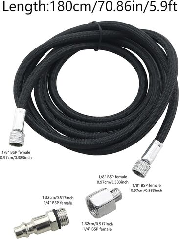 1Set 6 Foot Braided Spray Gun Hose 1/8-inch Standard Connection Includes 1/4-inch BSP Adapter and Universal American Quick Connect Fitting for Automotive Painting Accessories Black in Kuwait