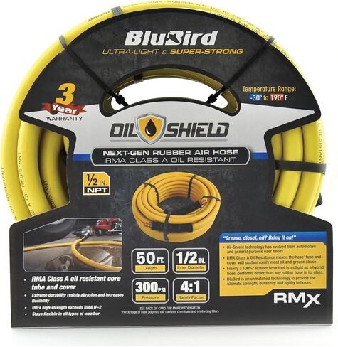 OIL SHIELD OS12100 1/2" x 100' Class A Rubber Air Hose, 50F to 200F, 1200PSI Burst Pressure, Grease and Oil Resistant, Retards Fire-sparks, Brass Fittings, 4 Finger-grip Bend Restrictor in Kuwait