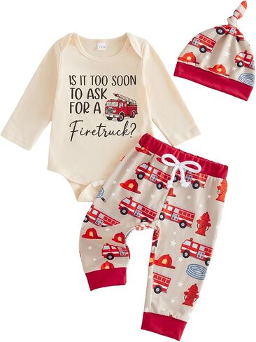 Newborn Baby Boy Fire Truck Romper Firefighter Outfit Fall Clothes | Is It Too Soon To Ask For A Fire Truck Long Sleeve Romper Bodysuit T-Shirt and Hat Pants Set, 3Pcs Fall Winter Outfits in Kuwait