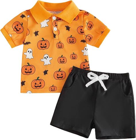 Bagilaanoe Toddler Baby Boy Halloween Outfit Pumpkin Clothes Button Up Short Sleeve T-Shirt Top+ Solid Shorts Set in Kuwait