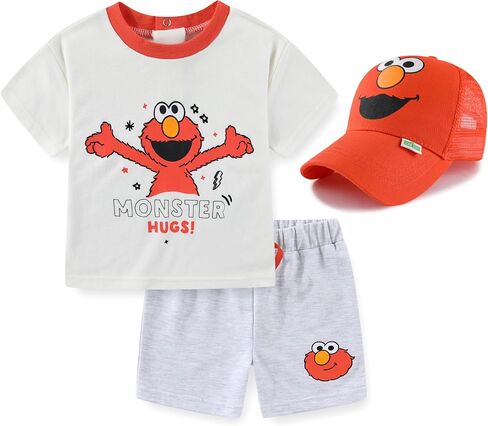 Sesame Street Elmo Baby Boys Short Sleeve T-Shirt with Hat and Shorts 3 Piece Set for Infant in Kuwait