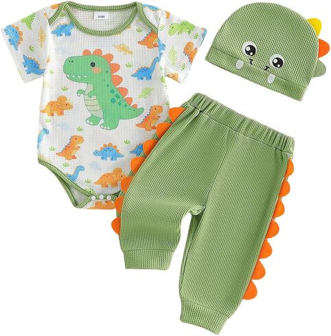 Newborn Baby Boy Clothes 0 3 6 12 18 Months Short Sleeve Dinosaur Romper Long Pants Hat 3Pcs Summer Outfit in Kuwait