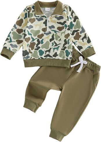 Toddler Boy Hunting Outfit Shirt Pant Set Fall Camouflage Clothes | Baby Boys Half Zipper Duck Cheetah Printed Long Sleeve Pullover Tops Solid Pants Outfits Kids Autumn Winter Warm Sets in Kuwait