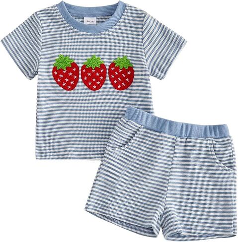 VISGOGO Toddler Baby Girl Boy Strawberry Summer Outfit Striped Waffle Knit Short Sleeve T-Shirt Tops Shorts 2Pcs Set in Kuwait