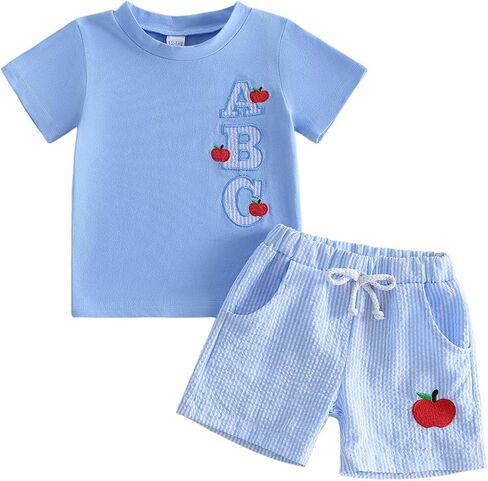Back to School Outfit for Boys Toddler Pre K Clothes | Apple Pencil ABC Embroidered Short Sleeve T-shirt and Plaid Shorts Summer 2 Piece Set, Kindergarten Wear in Kuwait