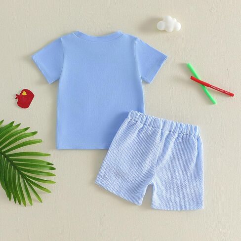 Back to School Outfit for Boys Toddler Pre K Clothes | Apple Pencil ABC Embroidered Short Sleeve T-shirt and Plaid Shorts Summer 2 Piece Set, Kindergarten Wear in Kuwait