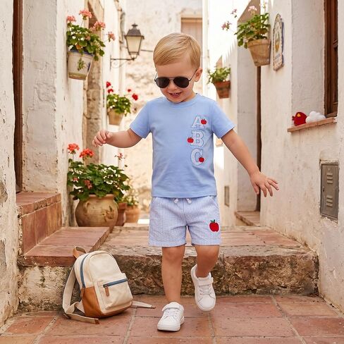 Back to School Outfit for Boys Toddler Pre K Clothes | Apple Pencil ABC Embroidered Short Sleeve T-shirt and Plaid Shorts Summer 2 Piece Set, Kindergarten Wear in Kuwait
