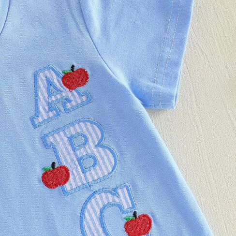 Back to School Outfit for Boys Toddler Pre K Clothes | Apple Pencil ABC Embroidered Short Sleeve T-shirt and Plaid Shorts Summer 2 Piece Set, Kindergarten Wear in Kuwait
