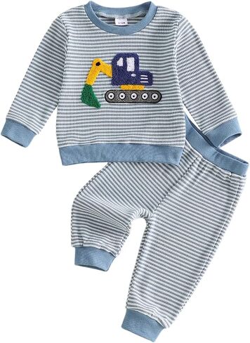 Bagilaanoe Fall Baby Boy Outfit Excavator Long Sleeve Sweatshirt Pullover Top Pants Toddler Waffle Knit Clothes in Kuwait