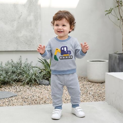 Bagilaanoe Fall Baby Boy Outfit Excavator Long Sleeve Sweatshirt Pullover Top Pants Toddler Waffle Knit Clothes in Kuwait