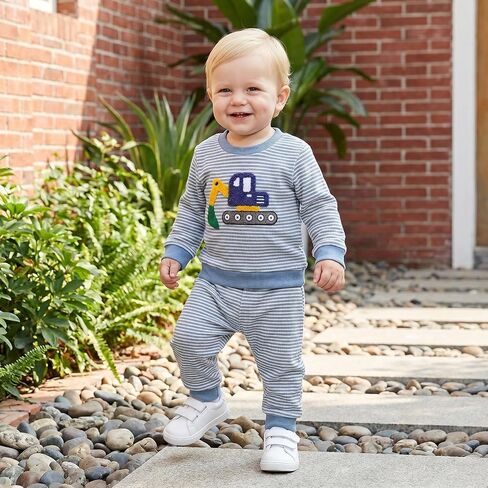 Bagilaanoe Fall Baby Boy Outfit Excavator Long Sleeve Sweatshirt Pullover Top Pants Toddler Waffle Knit Clothes in Kuwait
